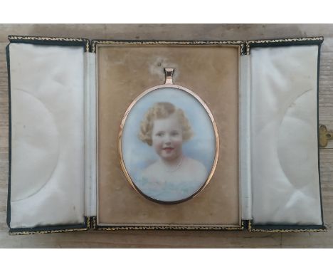 A portrait miniature on ivory, circa 1900, depicting a young girl wearing a pearl necklace, oval ivory panel, yellow metal fr