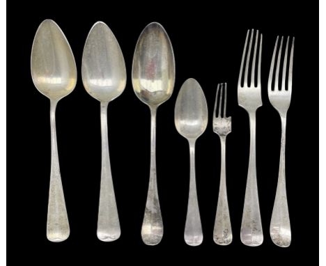 Pair of Dutch silver table spoons marked for Voorschoten, matching fork and four other pieces of Dutch cutlery 12.4oz