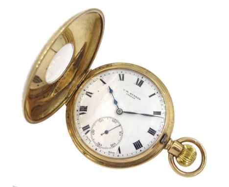 9ct gold half hunter keyless, 15 jewels lever presentation pocket watch by J W Benson, London, white enamel dial with Roman n