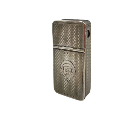 Victorian engine turned silver combination vesta case and cheroot cutter with engraved cartouche 5cm x 2.5cm Birmingham 1862 