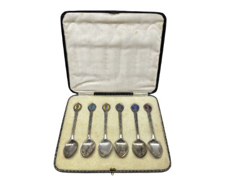Cased set of 6 silver and enamel King Edward VIII coffee spoons Birmingham 1936 Maker William Hair Haseler