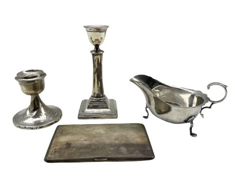 Engine turned silver cigarette case Birmingham 1968, silver sauce boat Sheffield 1916, silver candlestick H15cm and a dressin