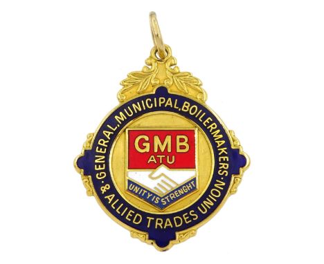9ct gold enamel 'GMB' presentation medallion, hallmarked