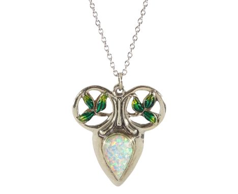 Silver enamel pendant, stamped 950MB (possibly by Murrle Bennett), with replacement synthetic opal, on silver chain