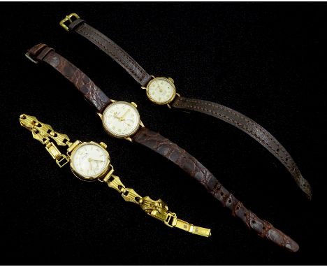 Three 9ct gold ladies manual wind wristwatches including Marvin, Rotary and Avia, hallmarked, on leather or gold-plated strap