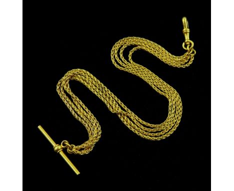 Gold four strand chain with T bar and clip, tested to approx 19 carat