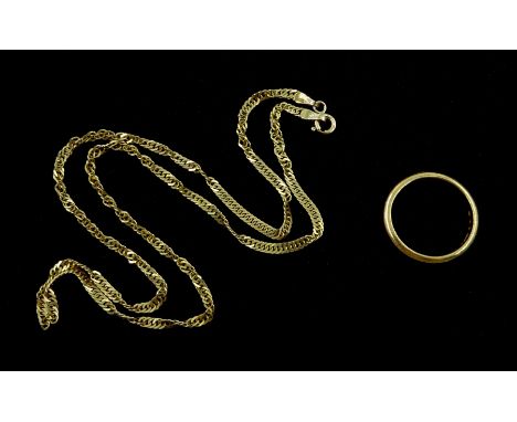 Gold wedding band and gold Singapore link chain, both 9ct hallmarked or stamped, approx 5.9gm