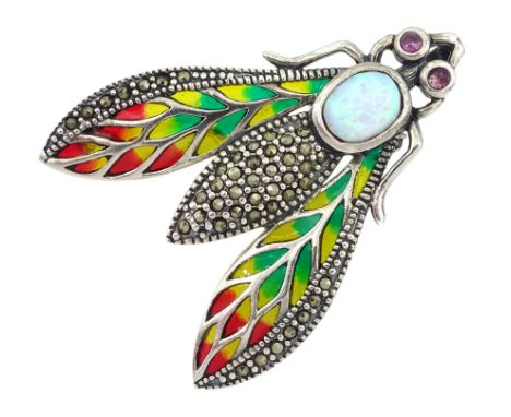 Silver plique-a- jour, ruby, opal and marcasite bug brooch, stamped 925