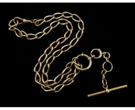 Early 20th century 9ct gold watch chain, with clip, T bar and spring loaded barrel clasps, each link stamped 9.375