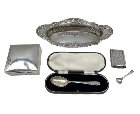 Silver oval sweetmeat dish with floral moulded border W24cm Chester 1912, Maker S Blanckensee, 3.2oz, silver square cigarette