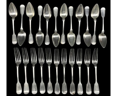 Set of twelve late 19th century Dutch silver fiddle and thread pattern table spoons and eleven matching forks Maker J M van K