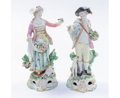 A pair of Derby figures of a Dresden shepherd and companion, c.1765, patch mark, 25cm highCondition: old restoration to hands