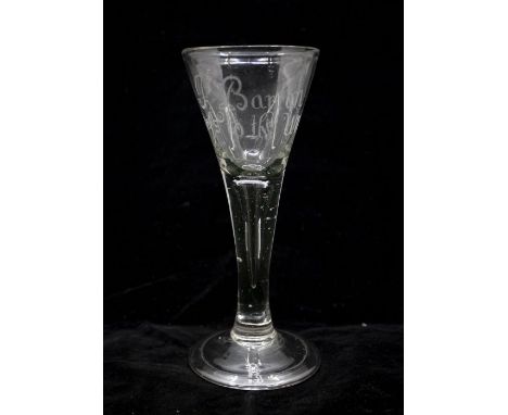 An English engraved German wine glass, circa 1780, drawn trumpet bowl, engraved 'J. Barton Succefs to the Unity', large air t