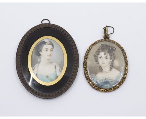 An early 19th century portrait miniature, depicting a lady in a blue dress, pearl earrings and necklace, feathered headpiece,