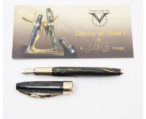 A Visconti Salvador Dali Dance of Time fountain pen, green resin with gold detail, melting clock on the clip and Salvador Dal