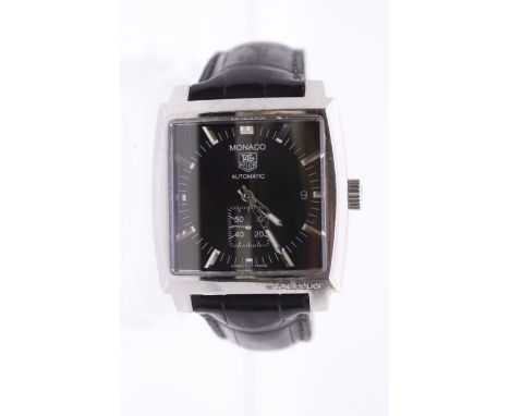 Tag Heuer- a gentleman's Monaco Automatic steel wristwatch, black square dial with applied silver baton markers, white detail