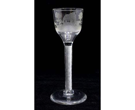 A Georgian engraved multi series air twist stem wine glass, circa 1750, the ogee bowl depicts hunting dogs in pursuit of a de