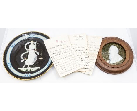 A late 19th century Minton Pâte-sur-Pâte plate by Marc-Louis Solon, depicting Justice, inscribed 'To Dor Thomas - ML Solon', 
