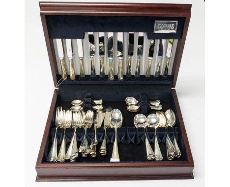 A Modern eight piece Hanoverian style silver flatware service, hallmarked by Carr's of Sheffield, 1993, in fitted canteen, co