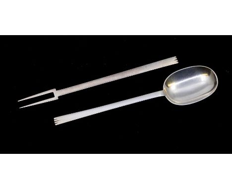 A Modernist spoon and fork, tapering stems, hallmarked by C J Vander, London, 1952, Coronation mark, 2.11 ozt (65.7 grams) 