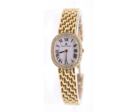 A ladies Maurice Lacroix diamond set 18ct gold wristwatch, cushion shaped white enamel dial with numerals hour markers, signe