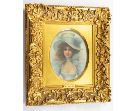 Adolphe Philippe Millot (French, 1857–1921), Portrait Of A Young Lady Wearing A Hat, oval, approx 21cm x 16cm, signed, oil pa