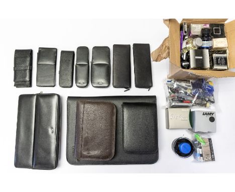 Writing implements - a collection of ink for fountain pens, including Sailor, Pelikan, Lamy, etc; leather pen wallets includi