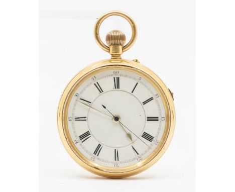 An 18ct gold open faced pocket watch, white enamel dial, roman numerals and outer seconds track, case approx 53mm, top wind, 