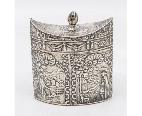 A late 19th Century Dutch silver 934 standard small tea caddy, chased with figures within landscape, stamped to base, 2.31 oz