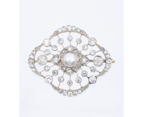 A 1940's diamond and pearl platinum set gold brooch, comprising a quatrefoil open motif set to the centre with a button pearl