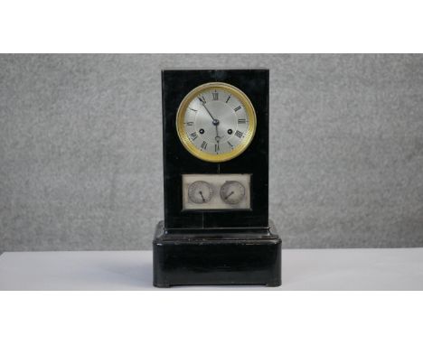 A 19th century French mantel clock with eight day movement, silvered dial and subsidiary day/date dials in ebonised case. H.3