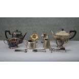 A collection of silver plated items. Including a candle snuffer and wick cutters, two coal scuttle