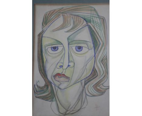 Gertrude Halsband (1917?1981) A framed and glazed watercolour Picasso style self portrait. Monogrammed H. H.47 W.36 cm. 