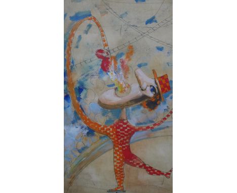A pair of framed and glazed mixed media surreal studies, circus performers, signed T. Pliszcz. H.63 W.46cm 