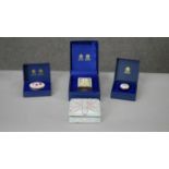 A collection of Halcyon Days enamels and an enamel trinket box. Including a Halcyon Days Verdi