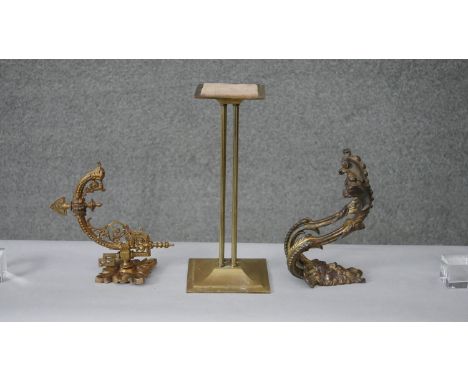 Two Victorian gilt brass wall light brackets along with a brass column on square base. H.36 W.15cm 