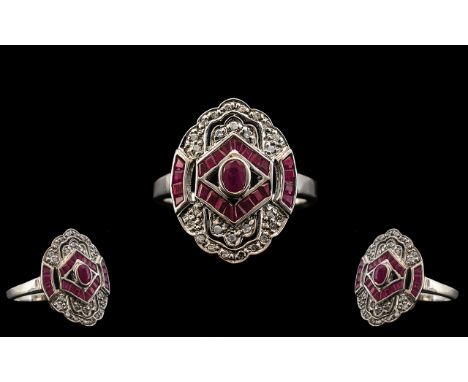 18ct White Gold - Attractive Art Deco Style Ruby and Diamond Set Dress Ring. Excellent Design - Please Confirm with Photo. Ri