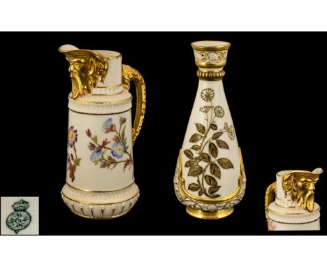 Royal Worcester - Excellent Quality Hand Painted Tapered Vase with Reticulated Spout and Decorated In Over laid Leaf and Flor