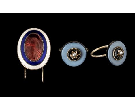 Antique French Silver and Enamel Hat Badge of Oval Shape, With An Antique Hardstone and Pearl Ring. 