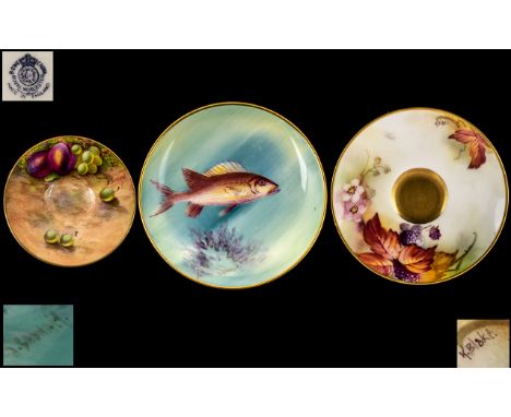 Royal Worcester Hand Painted Trio of Miniature Pin Dish and Two Saucers. Comprises 1/ ' Squirrel Fish ' Swimming up River, Da