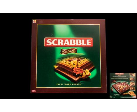 Mattel - Delux Boxed Scrabble Board Game with Rotating Board, Wooden Tiles, Instruction Book, Complete In Nr Mint Condition -
