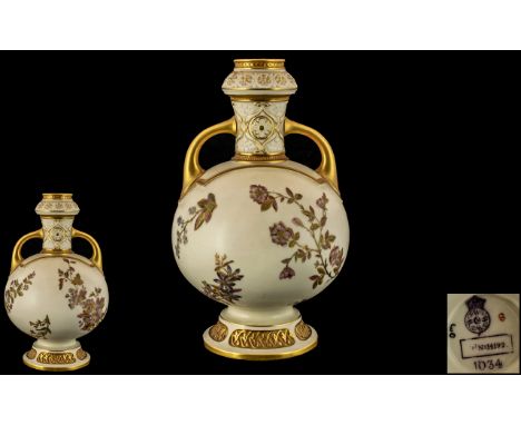 Royal Worcester Persian Style Hand Painted Ivory Ground Twin Handle Bulbous Shaped Ornate Vase. Date 1888 &amp; Shape No 1034