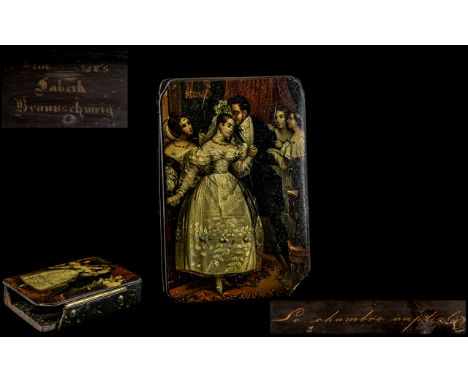 An Early 19thC German Lacquer Snuff Box, by Stobwasser, ,  signed 'Stobwasser Fabric in Braunschweig', And Titled To The Inte
