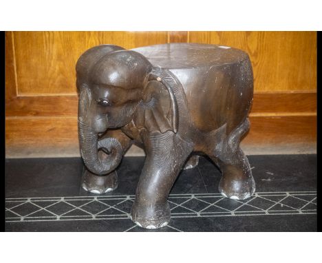 Large Elephant Stool, Carved From A Single Trunk, Realistically Modelled, Height 19 Inches, 15 Inch Diameter