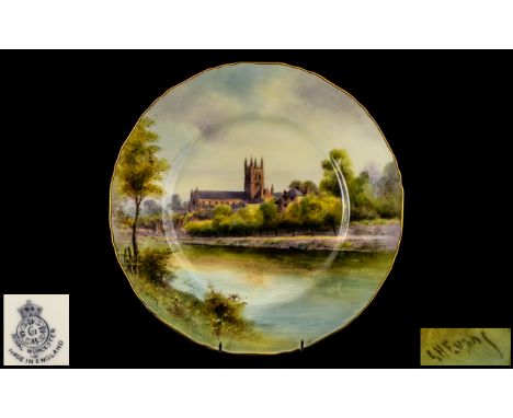 Royal Worcester Large Hand Painted Cabinet Plate of Worcester Cathedral. Signed by Worcester Artist G.H.Evans, Date 1936. Tit