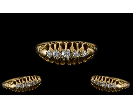 Victorian Period 18ct Gold 5 Stone Diamond Set Ring - Gallery Setting. Hallmark London 1894, The Old Cut Diamonds of Excellen