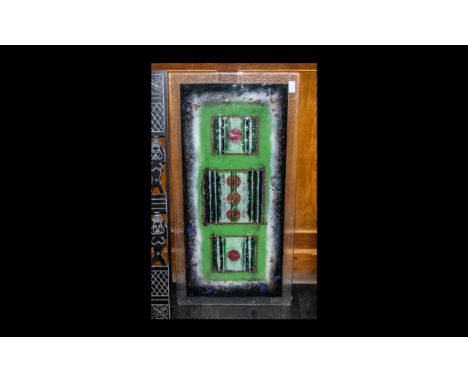 Contemporary Abstract Coloured Glass Panel of Cube Form Design. Size 35 x 18 Inches. 