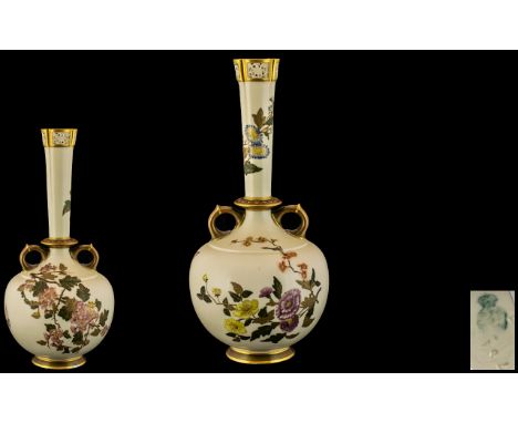 Royal Worcester Hand Painted Twin Handle Long Necked Globular Shaped Vase. c.1876 - 1891. Decorated with Painted Images of Su