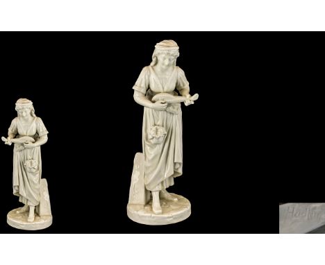 Royal Worcester J.Hadley Designed Porcelain Figurine ' Female ' Minstrel, Playing a Lute Standing by a Post, Impressed J.Hadl