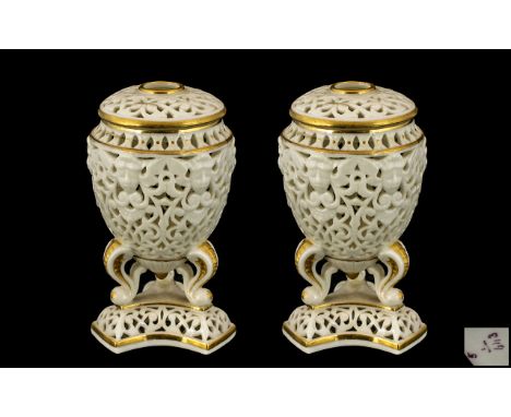 Royal Worcester Grainger Fine Quality Pair of Pierced Reticulated Lidded Urn Shaped Triad Vases, Finished In Painted Gold Bor